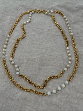 Auth Vintage CHANEL Gold Belt Chain Necklace Bracelet White Pearled Faux Beads